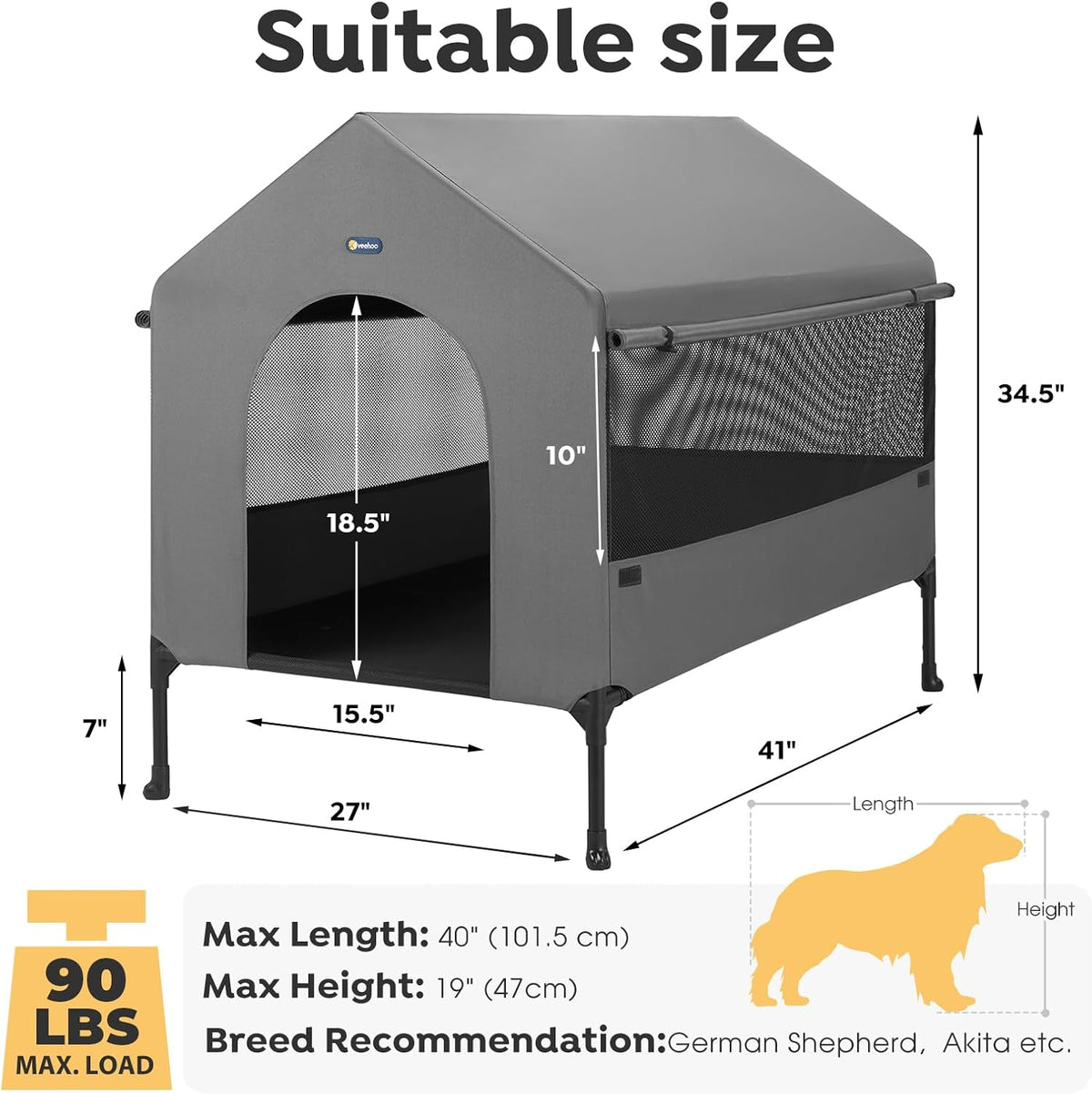 Veehoo 41" Dog House, 2-in-1 Large Dog House Outdoor Indoor Weatherproof, Outside Elevated Dog Cot