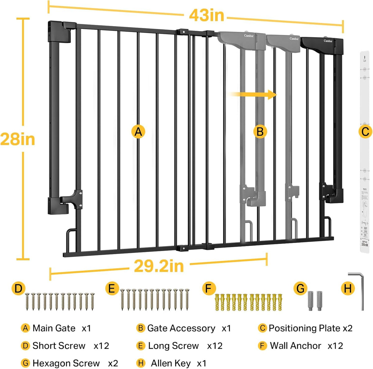 Cumbor 29.2-43" No Bottom Bar Baby Gate for Stairs, 2-in-1 Hardware Mounted Dog Gate Indoor, Wide
