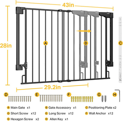Cumbor 29.2-43" No Bottom Bar Baby Gate for Stairs, 2-in-1 Hardware Mounted Dog Gate Indoor, Wide