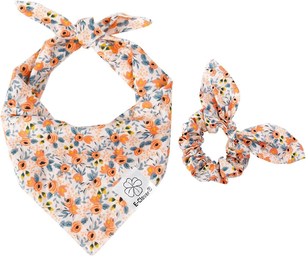 E-Clover Dog Bandanas & Matching Scrunchie Set Cute Flower Dog Scarf Bibs Girl Pet Bandana with Bow