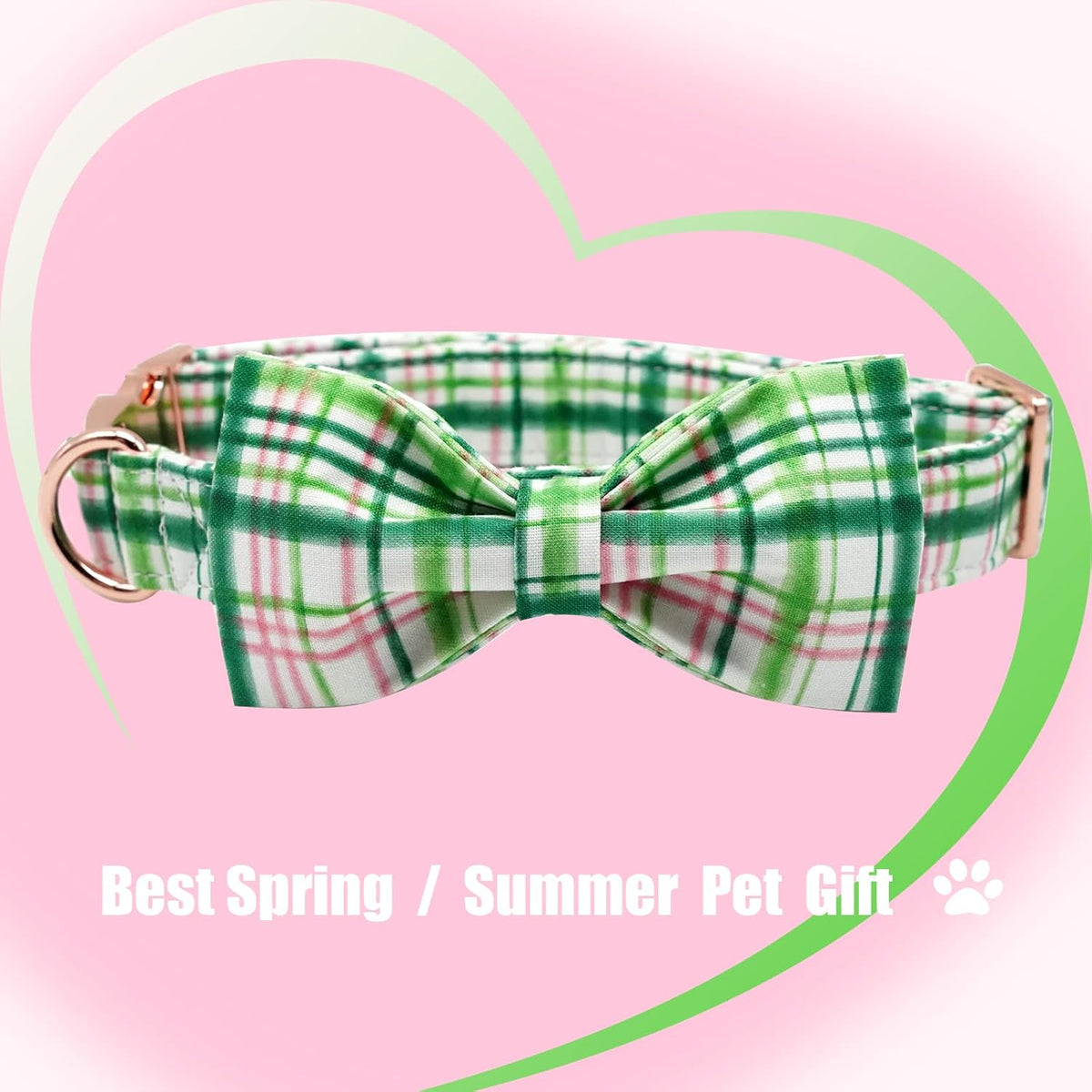Elegant Little Tail Dog Collar with Bow - Pink with Green Plaid, Cute Bowtie, Adjustable for Medium