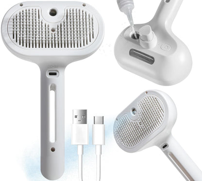 Spray Cat Pet Grooming Brush with Water Sprayer - Hair Removal Comb for Cats and Dogs, White