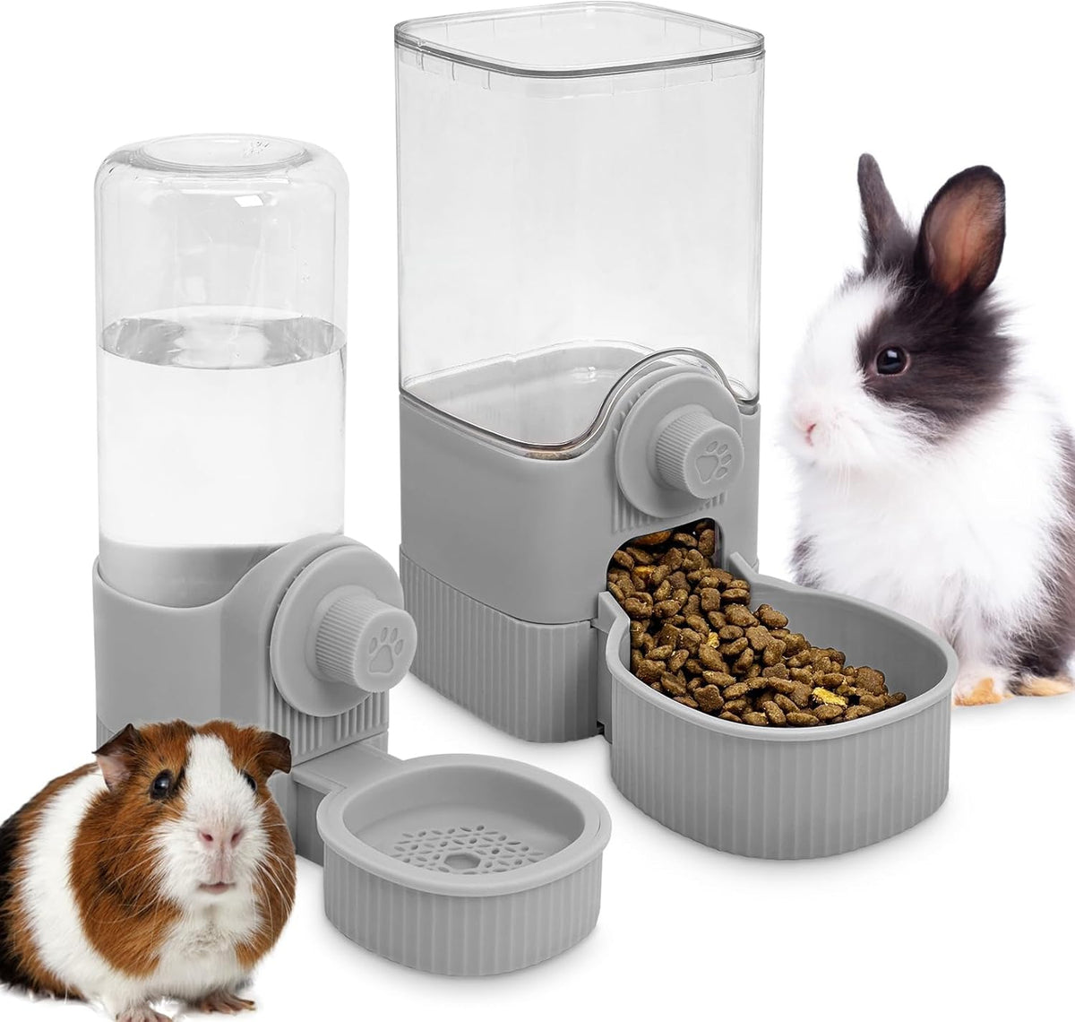 Fhiny Rabbit Food & Water Dispenser, Large Capacity Gravity Guinea Pig Feeder and Waterer Set