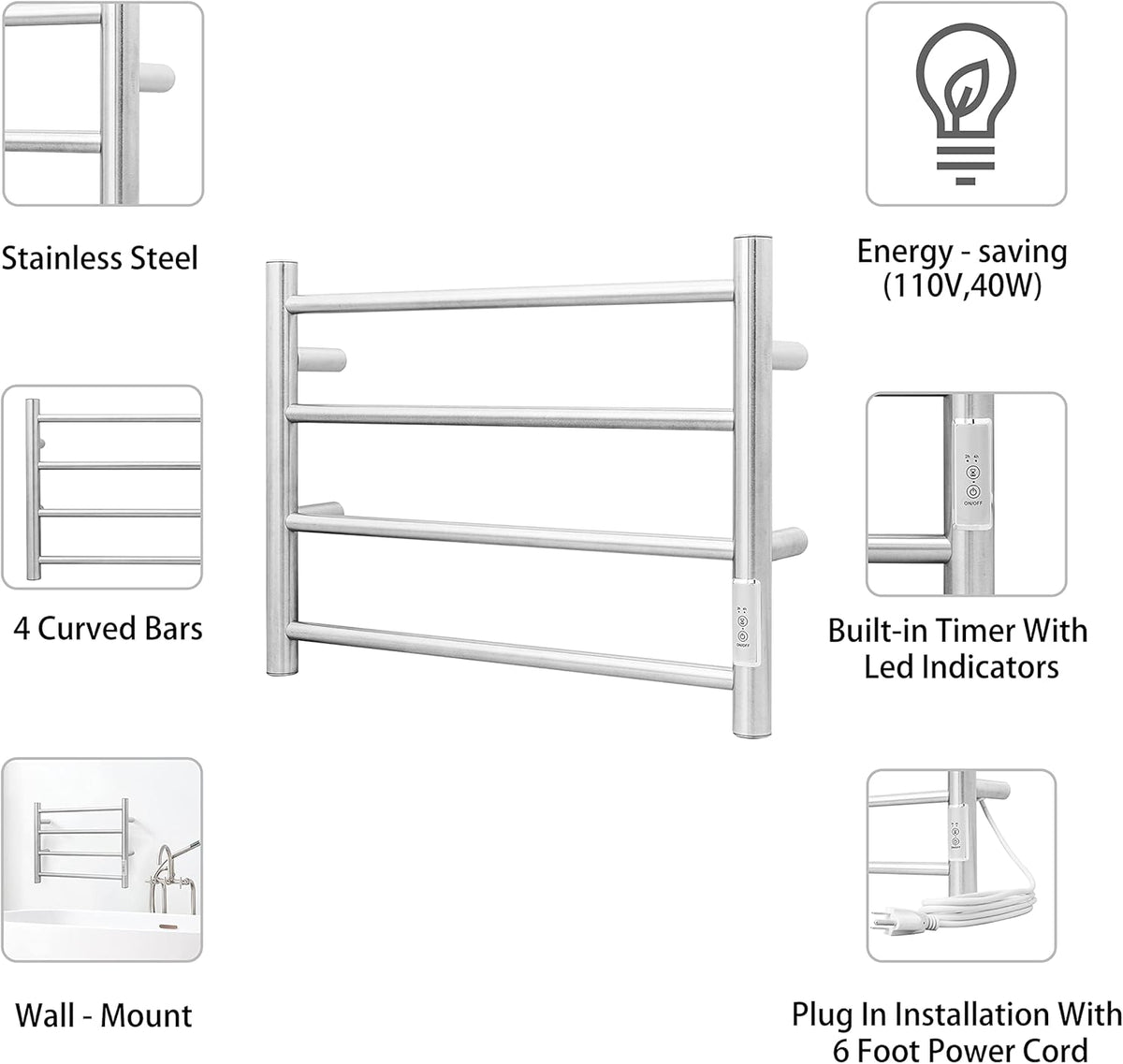 KEG Towel Warmer Wall Mounted with Built-in Timer 4 Bars Electric Stainless Steel Heated Towel