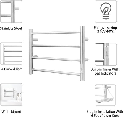 KEG Towel Warmer Wall Mounted with Built-in Timer 4 Bars Electric Stainless Steel Heated Towel