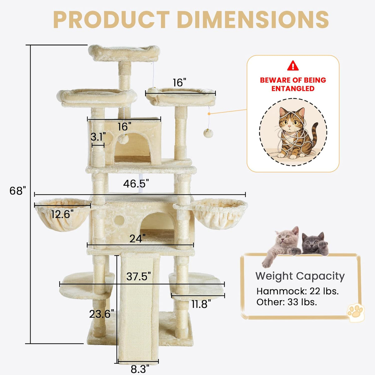 SHA CERLIN 68 Inches Multi-Level Large Cat Tree for Large Kitties/Big Cat Tower with Condo/Cozy