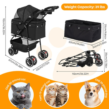 Pet Stroller,Dog Stroller for Small Medium Dogs Cats,3 Wheels,Foldable,with Breathable Mesh