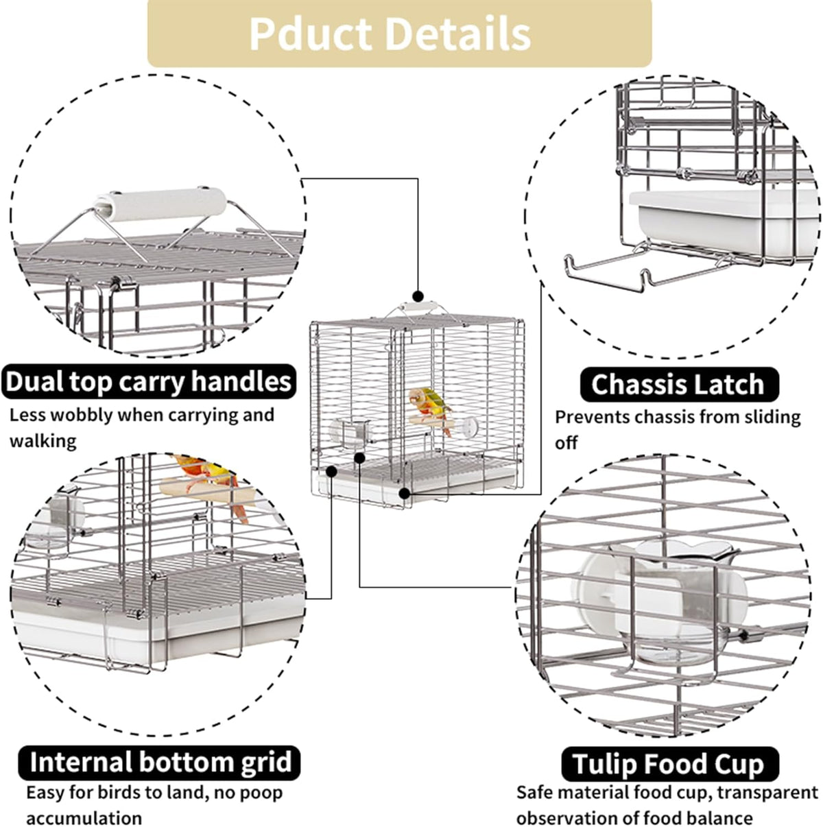 Bird Carrier Travel Cage - 304 Stainless Steel Portable Folding Bird Travel Cage with Parrot Feeder