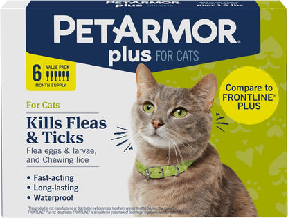 PetArmor Plus Flea and Tick Prevention for Cats over 1.5 lbs, Cat Flea and Tick Treatment, 6 Doses