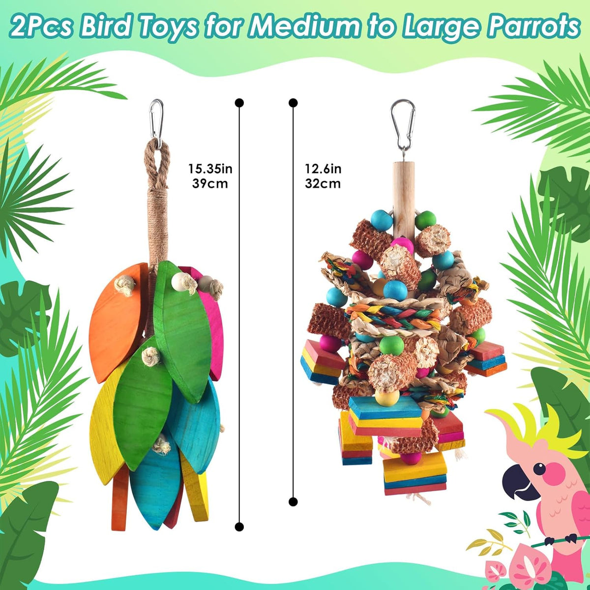 2 Pcs Large Bird Toys, Natural Corn Cob Parrot Chew Toy, Multicolored Leaf-Shaped Chewing Wood