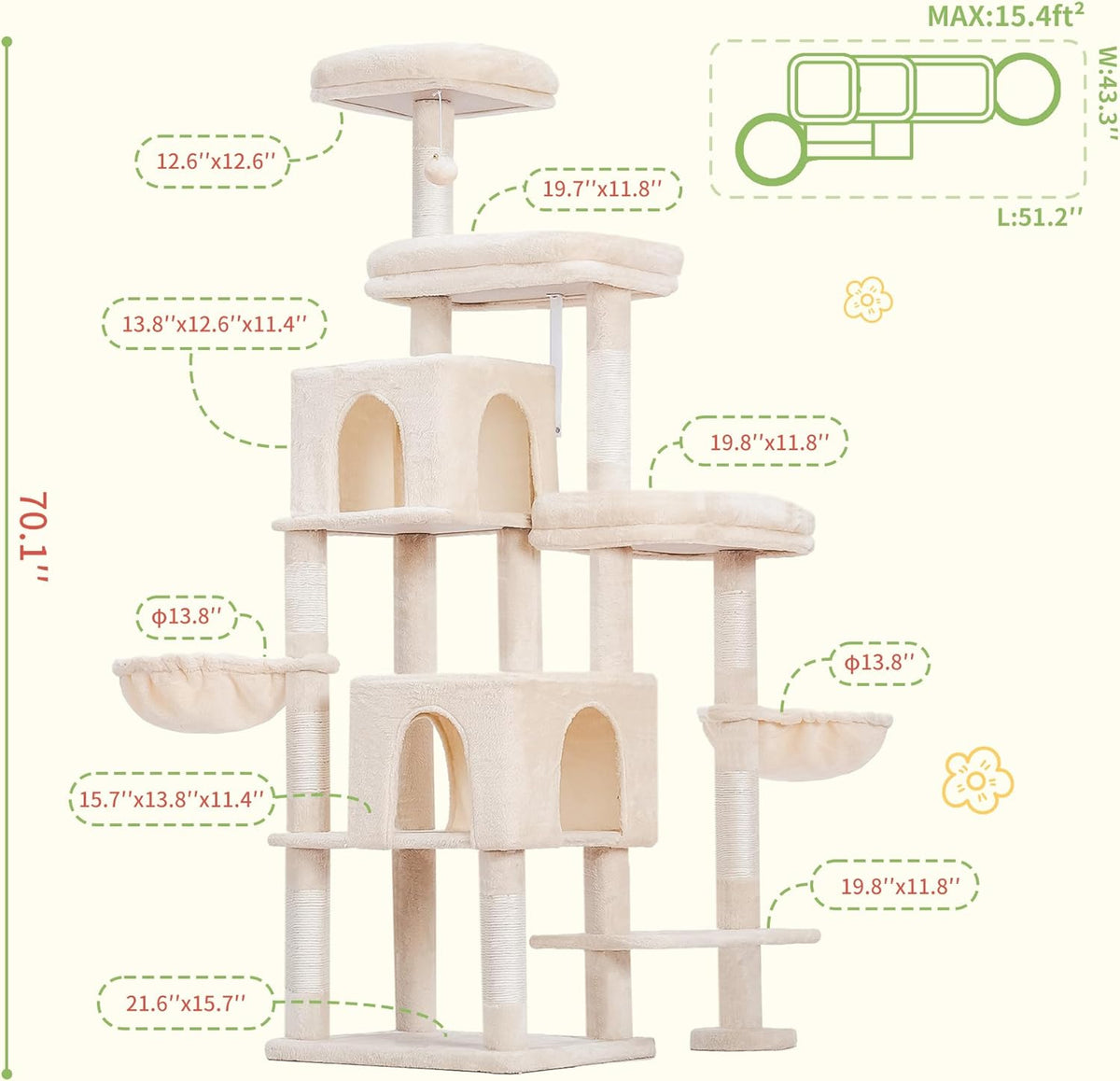 Hey-brother Cat Tree Tower, Scratching Posts with a Extended Part, Wide Platforms, Cozy Condos
