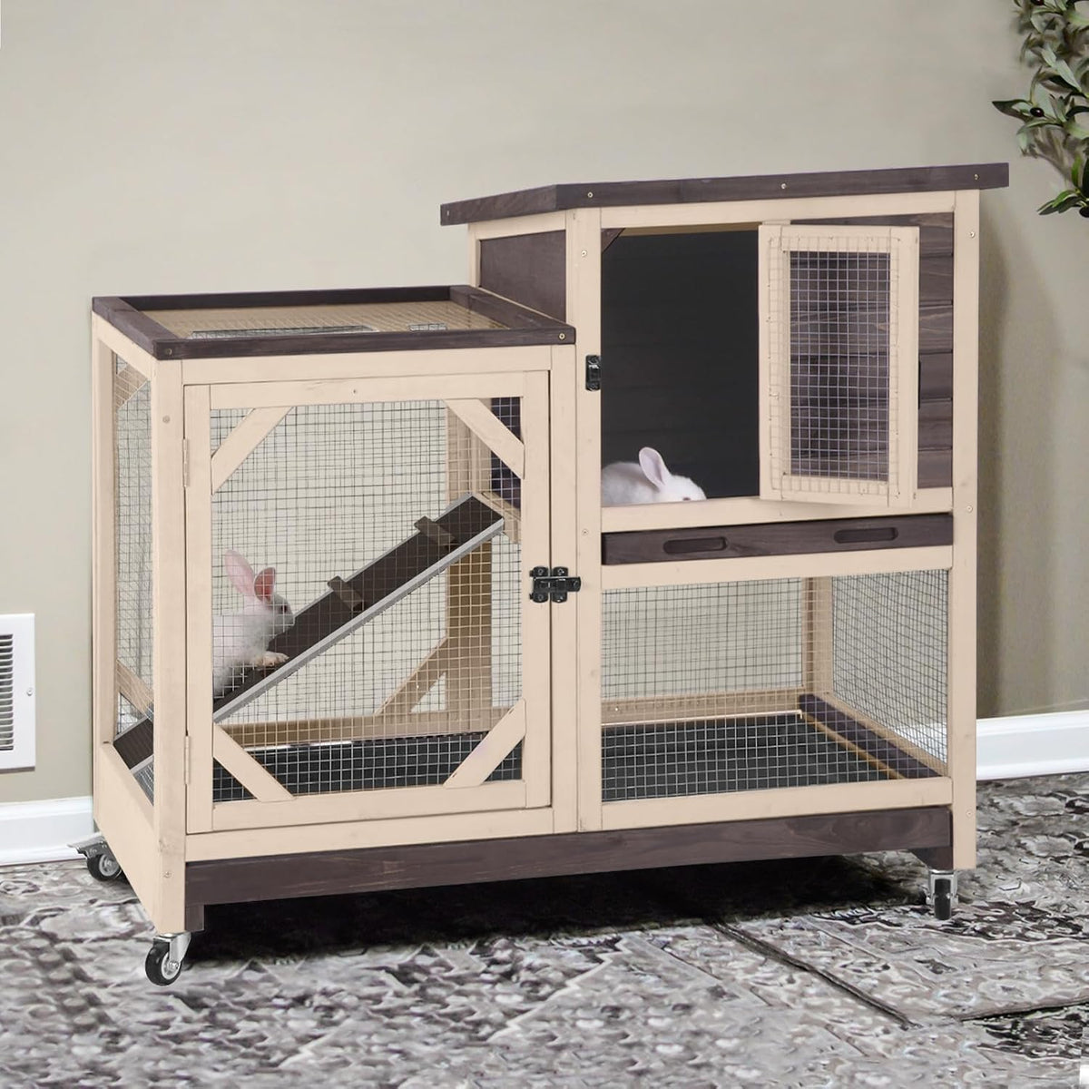 GUTINNEEN 2-Story Rabbit Hutch with Chew-Proof Ramp & Pull-Out Trays - Indoor/Outdoor 39.3" Wooden