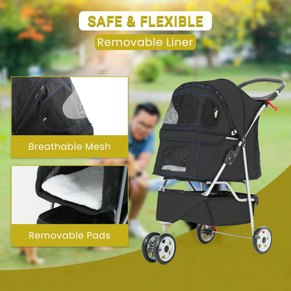 Pet Stroller Dog Stroller Portable Travel 3 Wheel Foldable Cat Stroller with Storage Basket and Cup