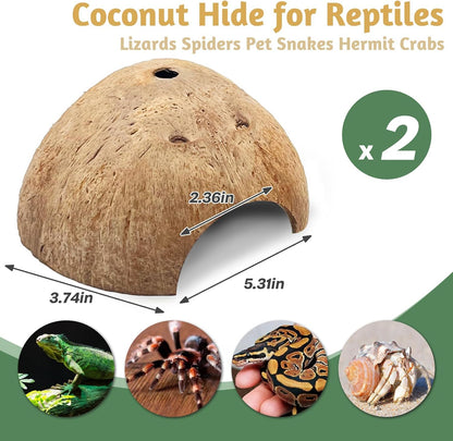 PINVNBY 2 PCS Natural Coconut Reptile Hideouts Lizard Coco Hut Hermit Crab Hut Aquarium Fish Hide