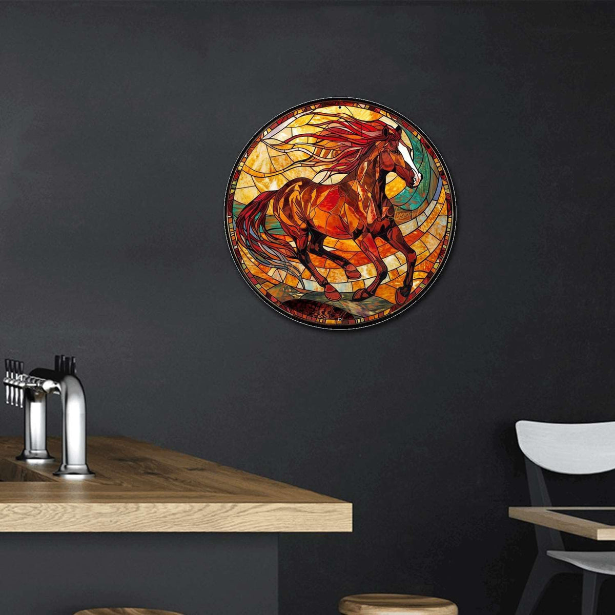 Lygond Metal Sign Tin Sign Circular Stained Glass American Mustang Bar Signs for Home Decor for