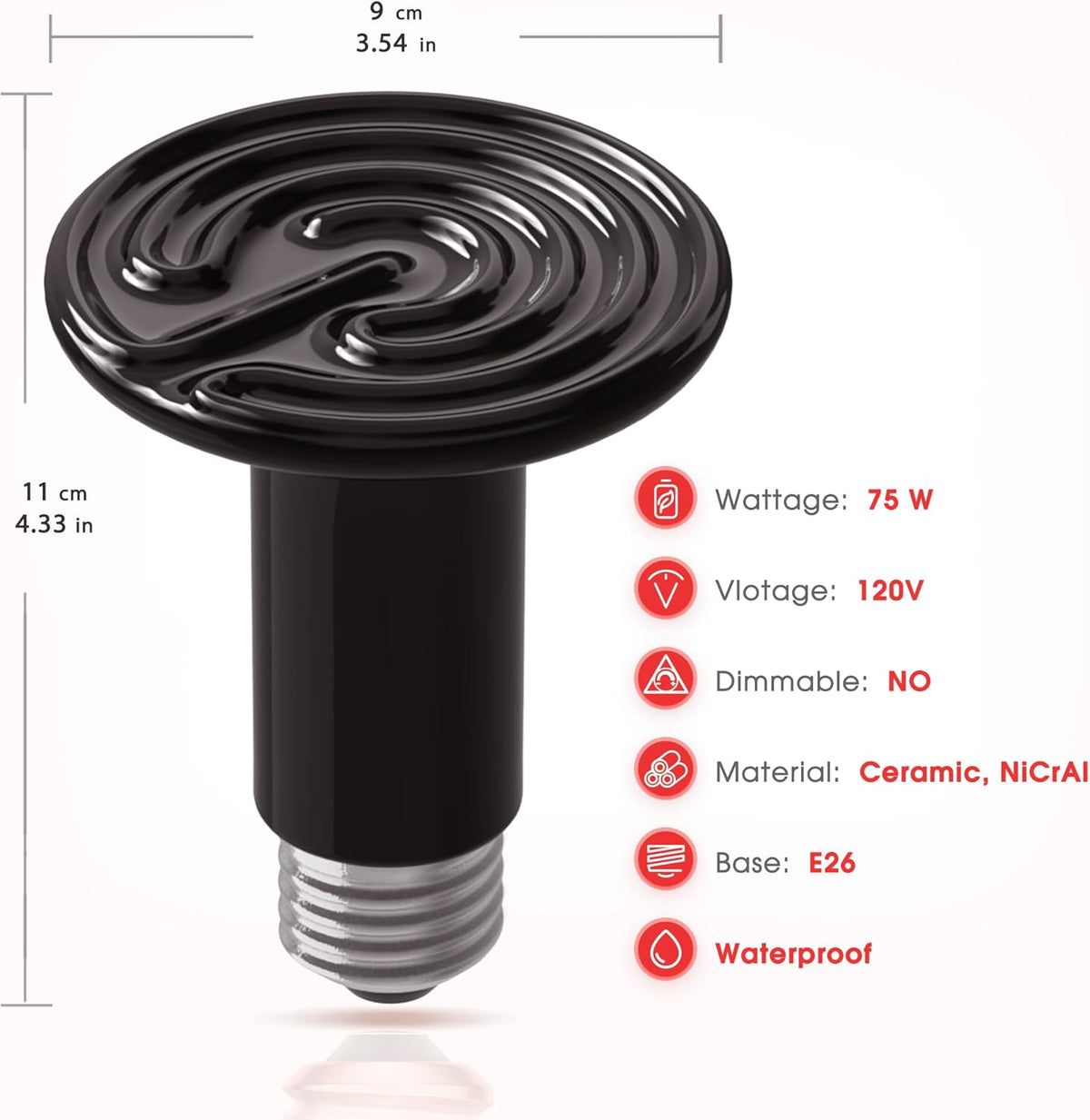 Ceramic Heat Emitter for Reptiles, 75W Heat Lamp Bulb, Ceramic Reptile Heat Bulb Black, No Light