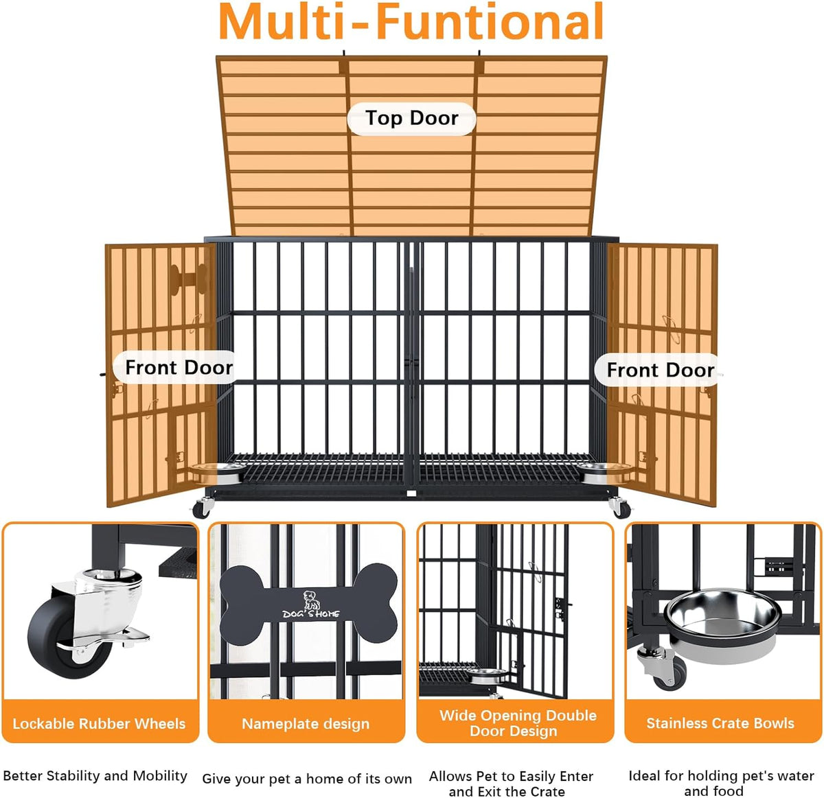 aboxoo 42/48 inch Heavy Duty Metal Dog Crate for 2 Dogs/Large Dog,All Metal Open Top Stackable,Dog