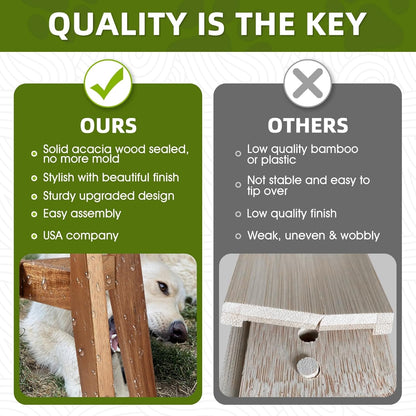 Solid Acacia Hardwood Elevated Dog Bowl Stand, Raised Feeder for Medium & Large Dogs, Fits up to 9″