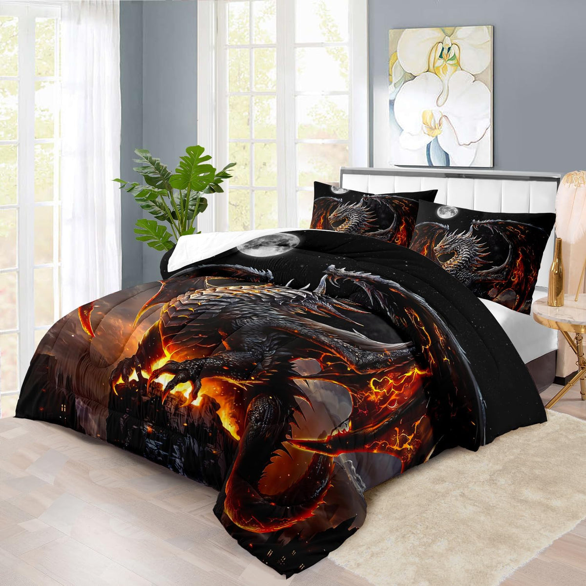 Black Dragon Comforter Set Full Adult,Flame Dragon Bedding Set for Boys,Magical Beast Bedding