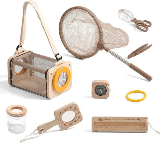 Wooden Bug Catcher for Kids, 8-in-1 Insect Exploration Set with Butterfly Net, Magnifying Glass