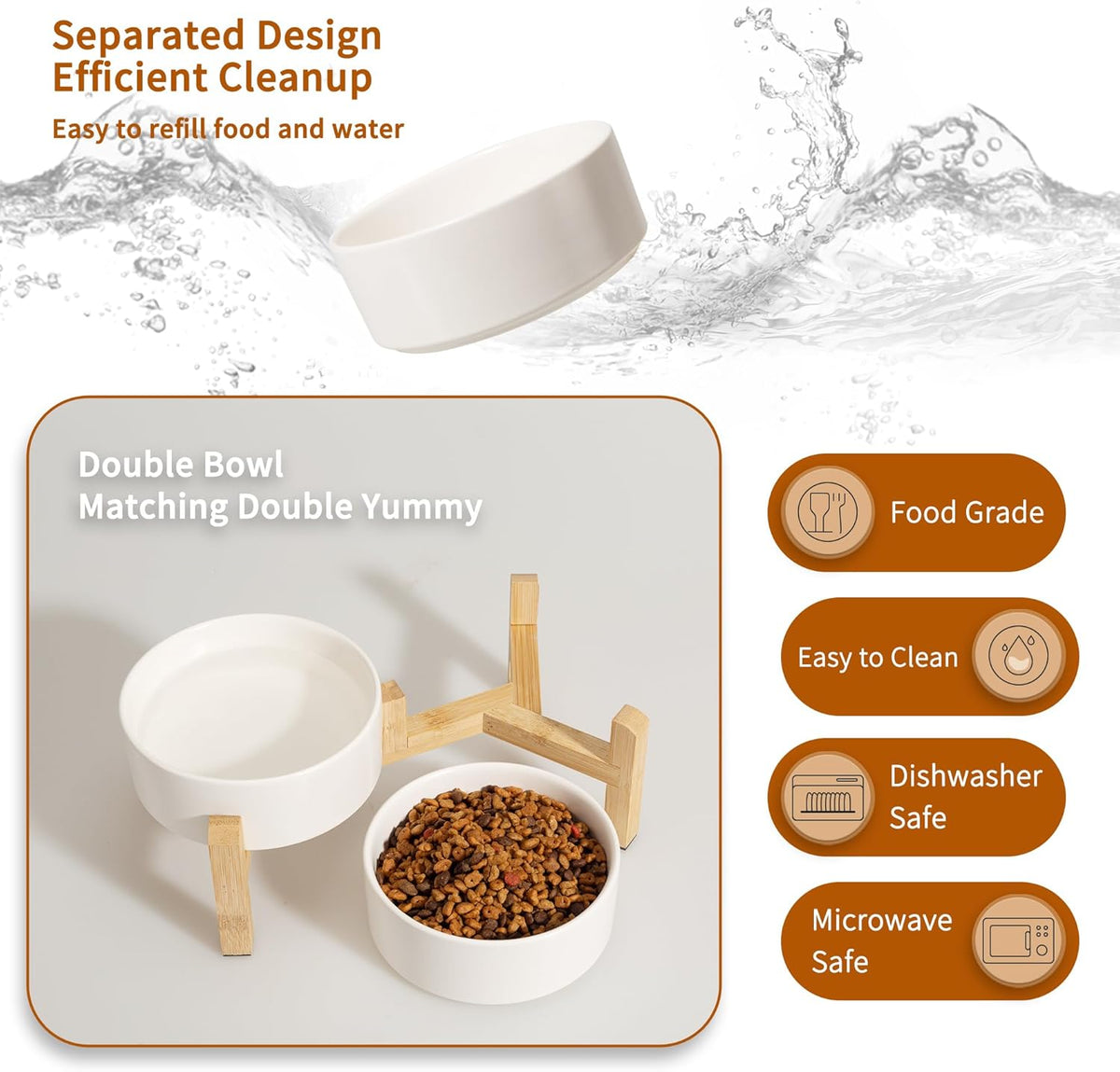Elevated Ceramic Dog Bowl Set - Raised Feeding Bowls with Non-Slip Bamboo Stand - Small Pet Dishes