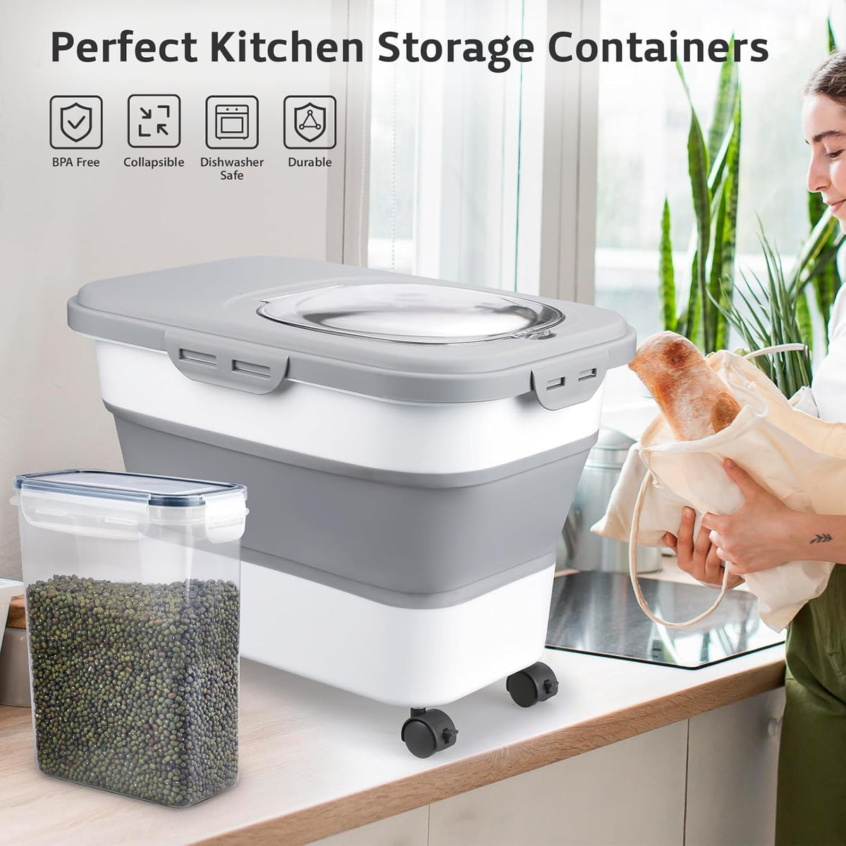 Rice Storage Containers, Collapsible 20 to 30Lbs Food Storage Bin Dispenser with Rolling Wheel and