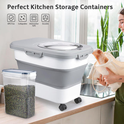 Rice Storage Containers, Collapsible 20 to 30Lbs Food Storage Bin Dispenser with Rolling Wheel and