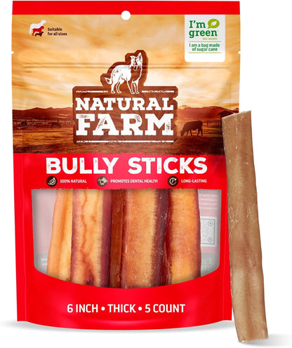 Natural Farm Odor-Free Thick Bully Sticks (6”, 5-Pack) All-Natural Long-Lasting Dog Chews, 100%