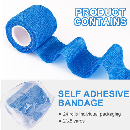 24 Pack Self Adherent Cohesive Wrap Bandages, 2” x 5 Yards Blue Athletic Tape, Medical Tape, Vet
