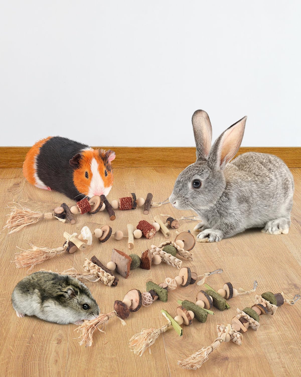 6PCS Bunny Chew Toys, Hamster Rabbit Cage Hanging Chew Toys, Natural Apple Wood Bunnies Treats
