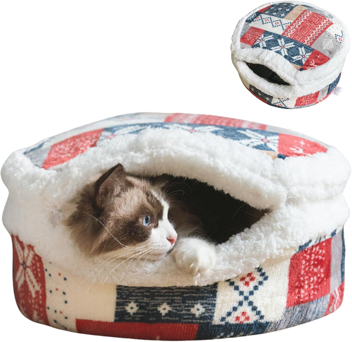 Cat Cave Bed – Plush, Warm & Calming Hideaway with Detachable Lid & Mat, Covered House for Indoor