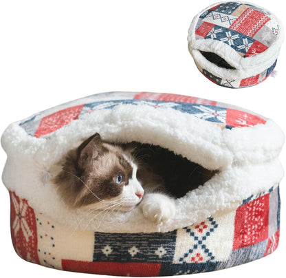 Cat Cave Bed – Plush, Warm & Calming Hideaway with Detachable Lid & Mat, Covered House for Indoor