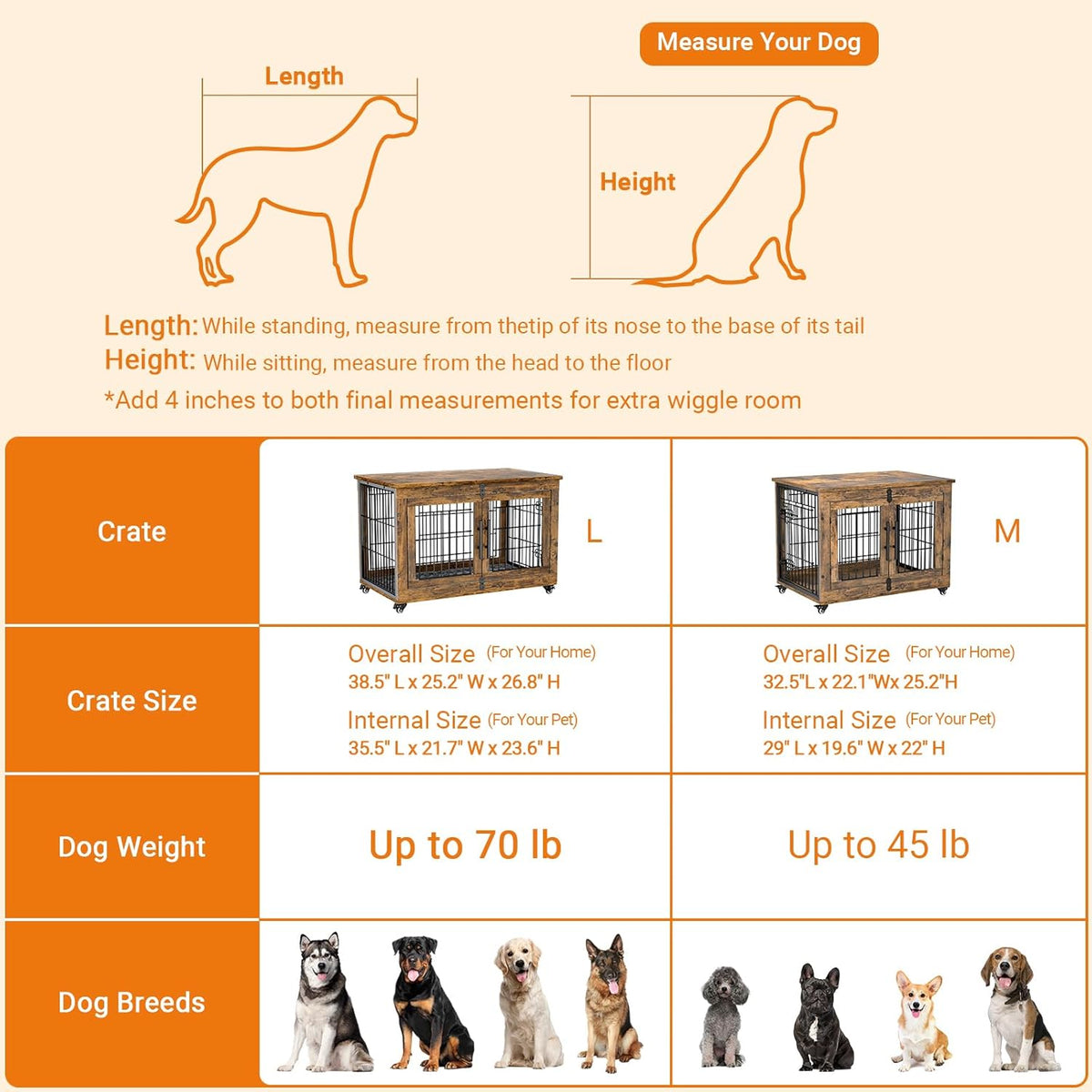 Lulive Dog Crate Furniture, Dog Kennel Indoor Double Doors Wooden Dog Cage, 38'' Heavy Duty Dog