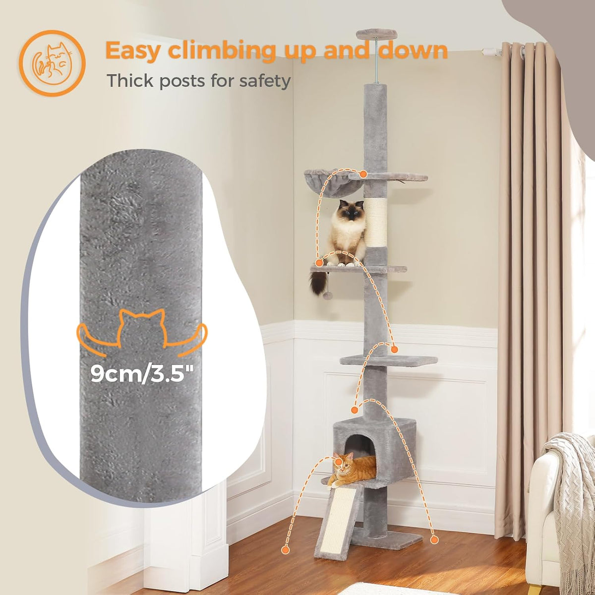 PEQULTI Floor to Ceiling Cat Tree, Tall Cat Tower, Adjustable Height (83''-108'') 5 Levels Climbing