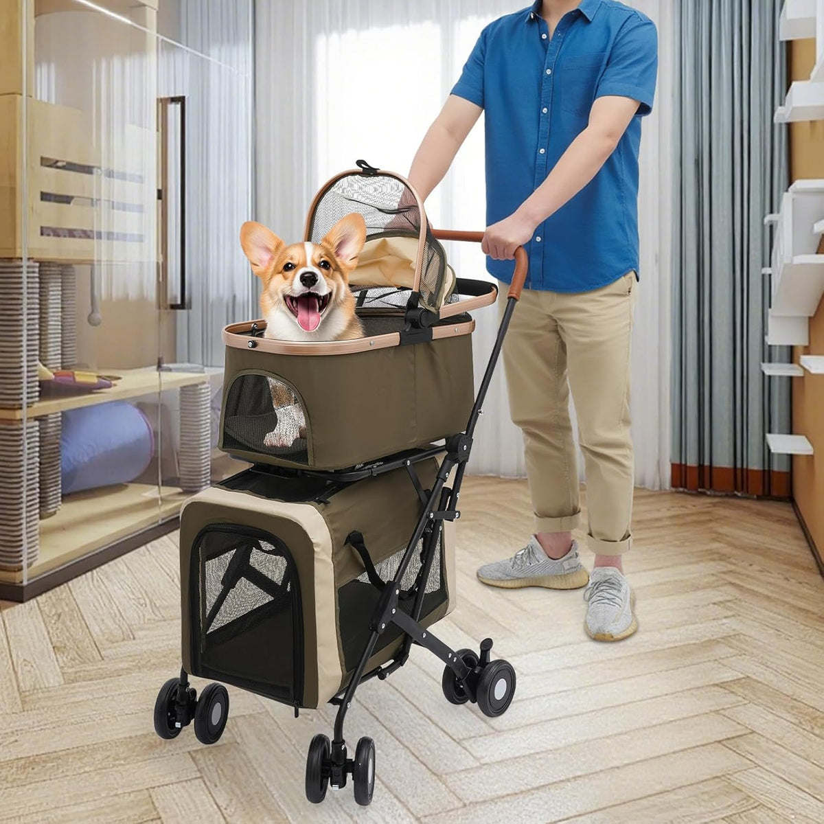 Double Pet Stroller for Dogs and Cats, Foldable Dog Stroller Travel Carriage with Detachable