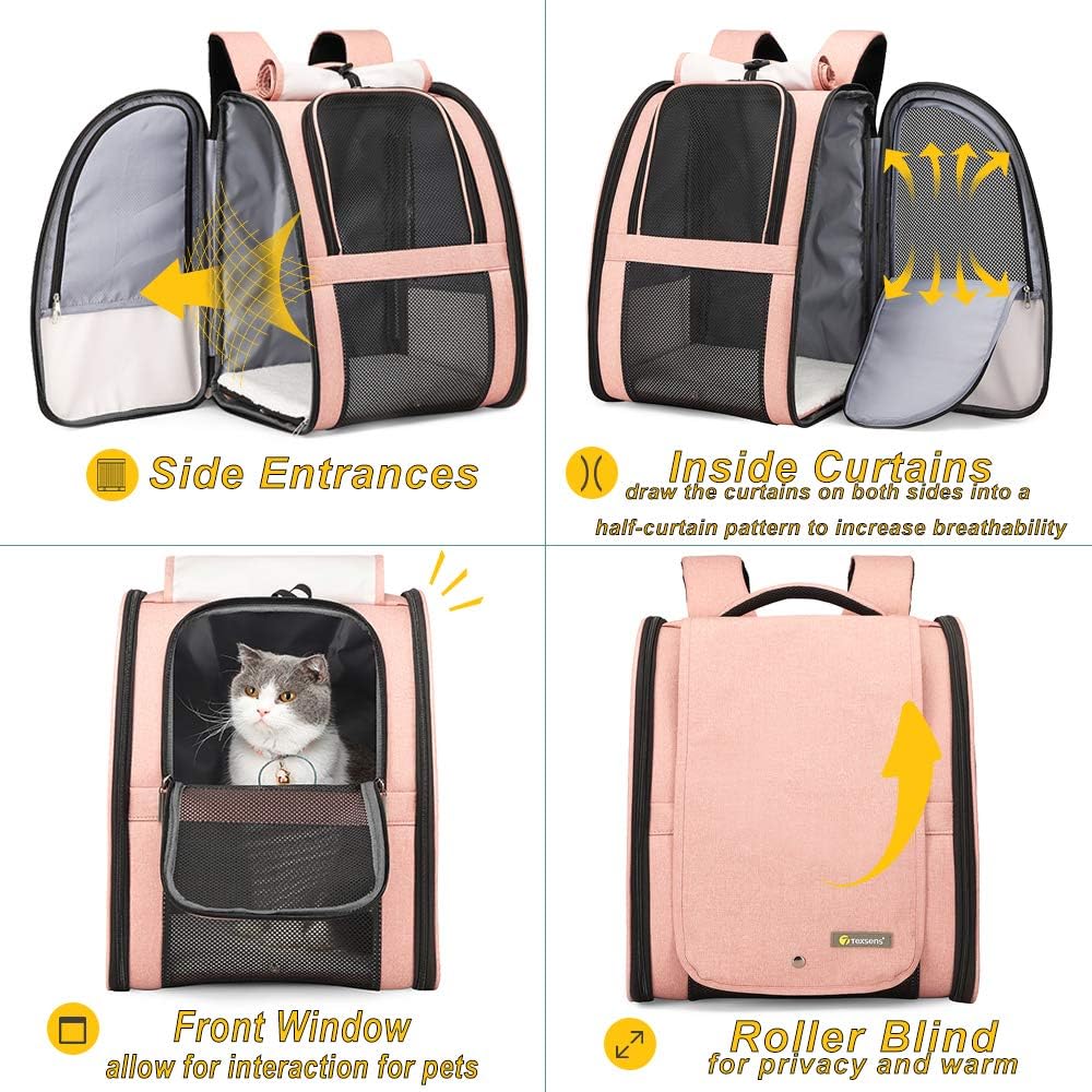 Texsens Pet Carrier Backpack with Window Blind for Small Cats Dogs, Ventilated Design, Safety