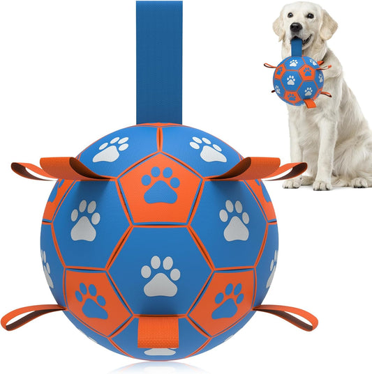QDAN Dog Ropes Toys Soccer Ball with Straps, Puppy Birthday Gifts, Tug Toy, Durable Dog Balls for