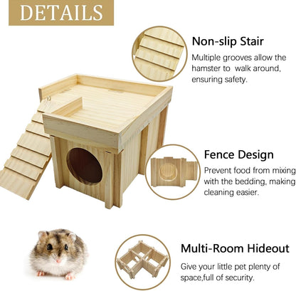 Wooden Hamster Hideout Hamster Wood House with Ladder Hides Platform Decor Detachable Small Animals