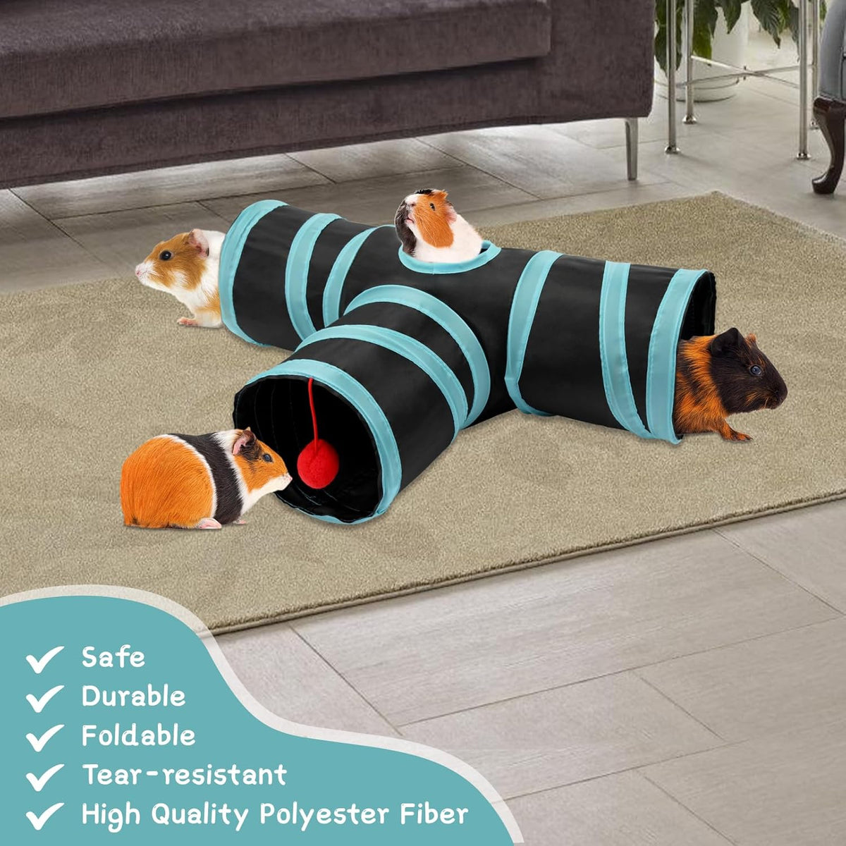 Rypet Guinea Pig Tunnel, 3 Way Collapsible Rabbit Tunnel, Small Pet Tunnels and Tubes with