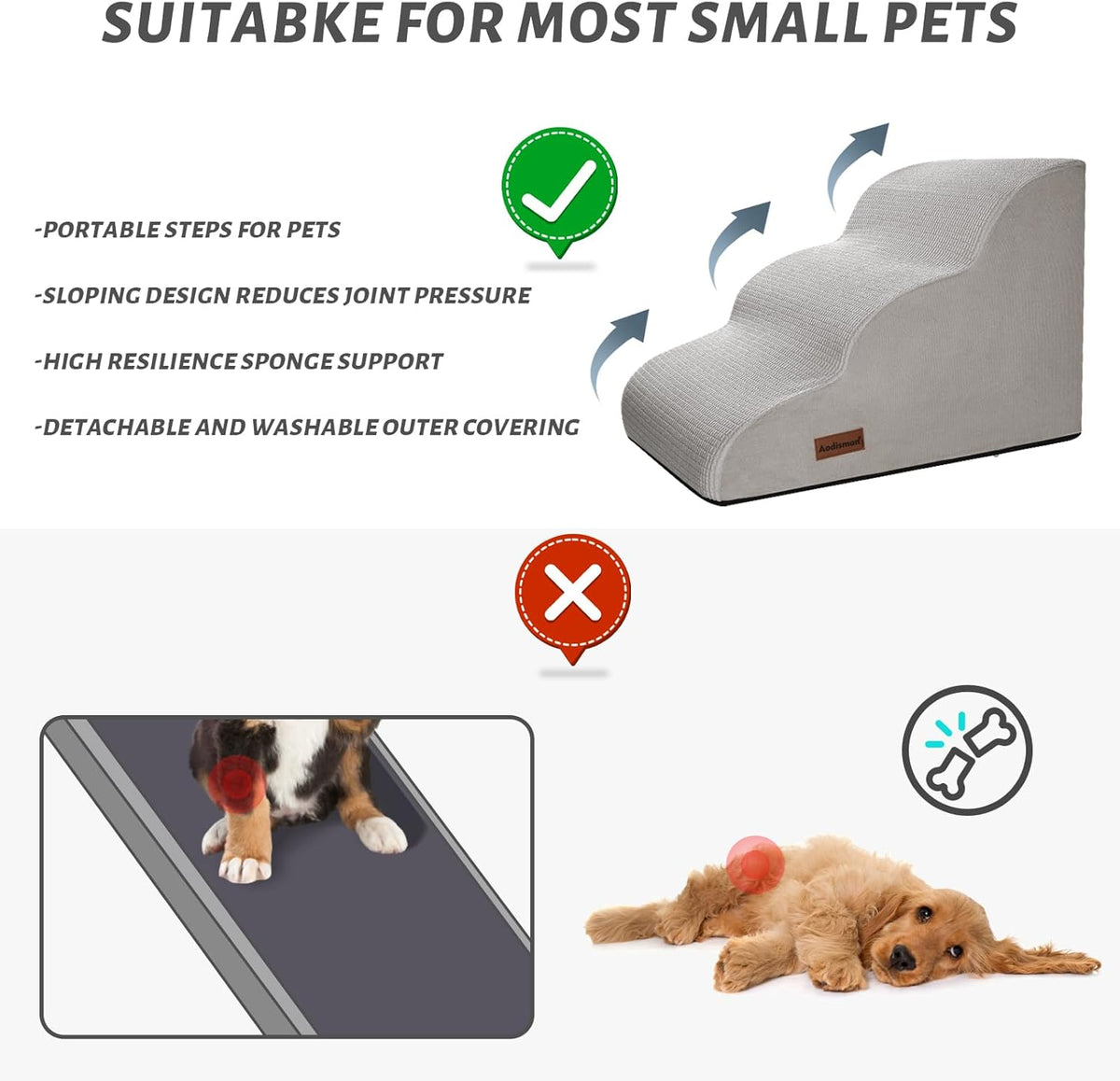 3-Step Dog Ramp and Stairs for Sofa and Chair - Non-Slip Sturdy Pet Steps for Small Dogs and