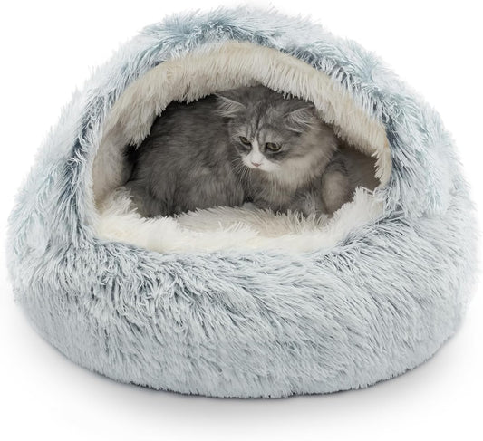 CATISM Cozy Plush Hooded Cat Bed, Indoor/Outdoor, Self-Warming Cave, Removable Washable Non-Slip