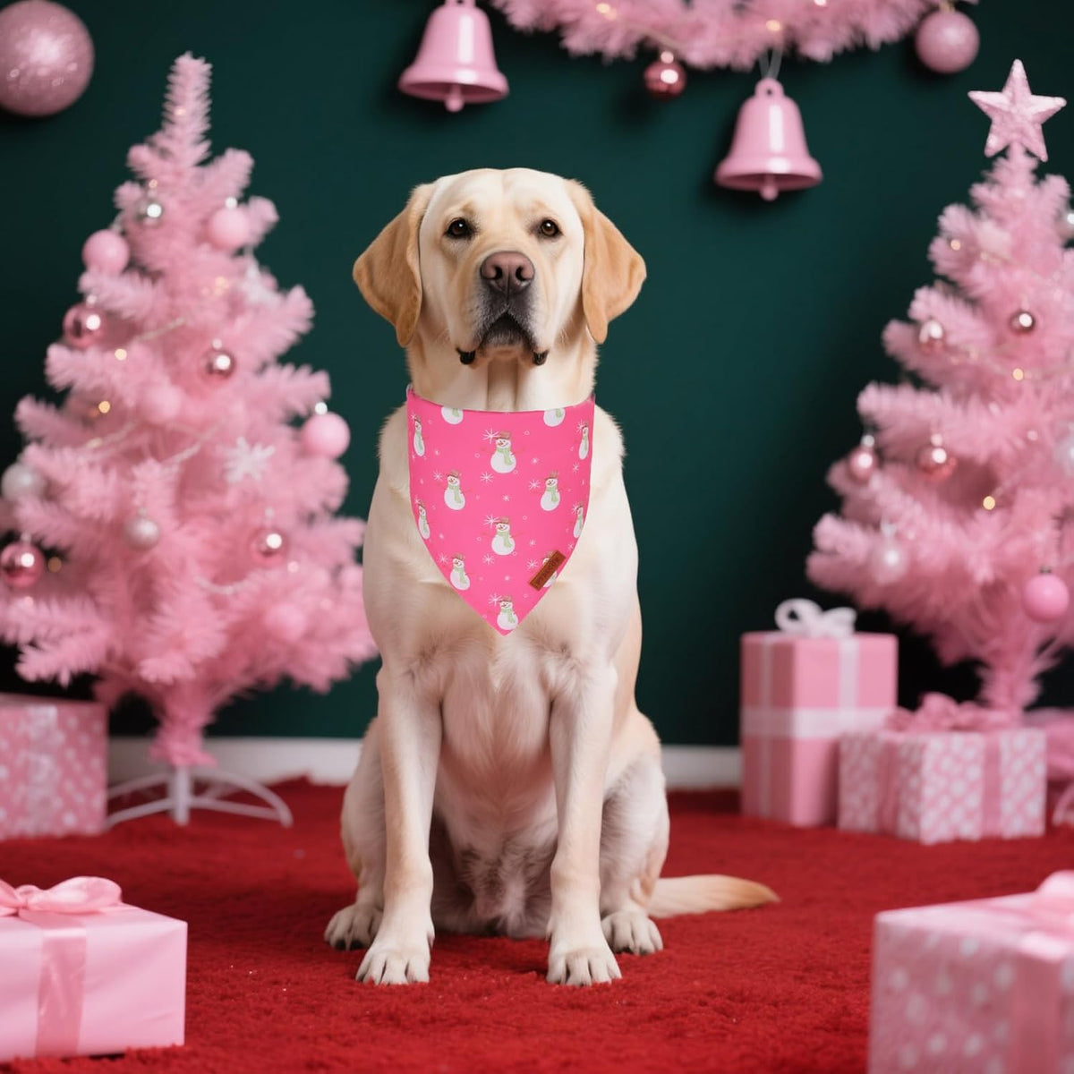 PTDECOR Christmas Dog Bandana, Santa Snowman Design Reversible Holiday Pet Scarf, Pink Triangle Fit