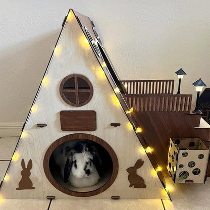 Large Modern Wooden Rabbit Castle House Hutch - Bunny Hideout Indoor Habitats - Pet 2-Story Home