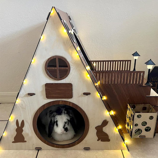 Large Modern Wooden Rabbit Castle House Hutch - Bunny Hideout Indoor Habitats - Pet 2-Story Home