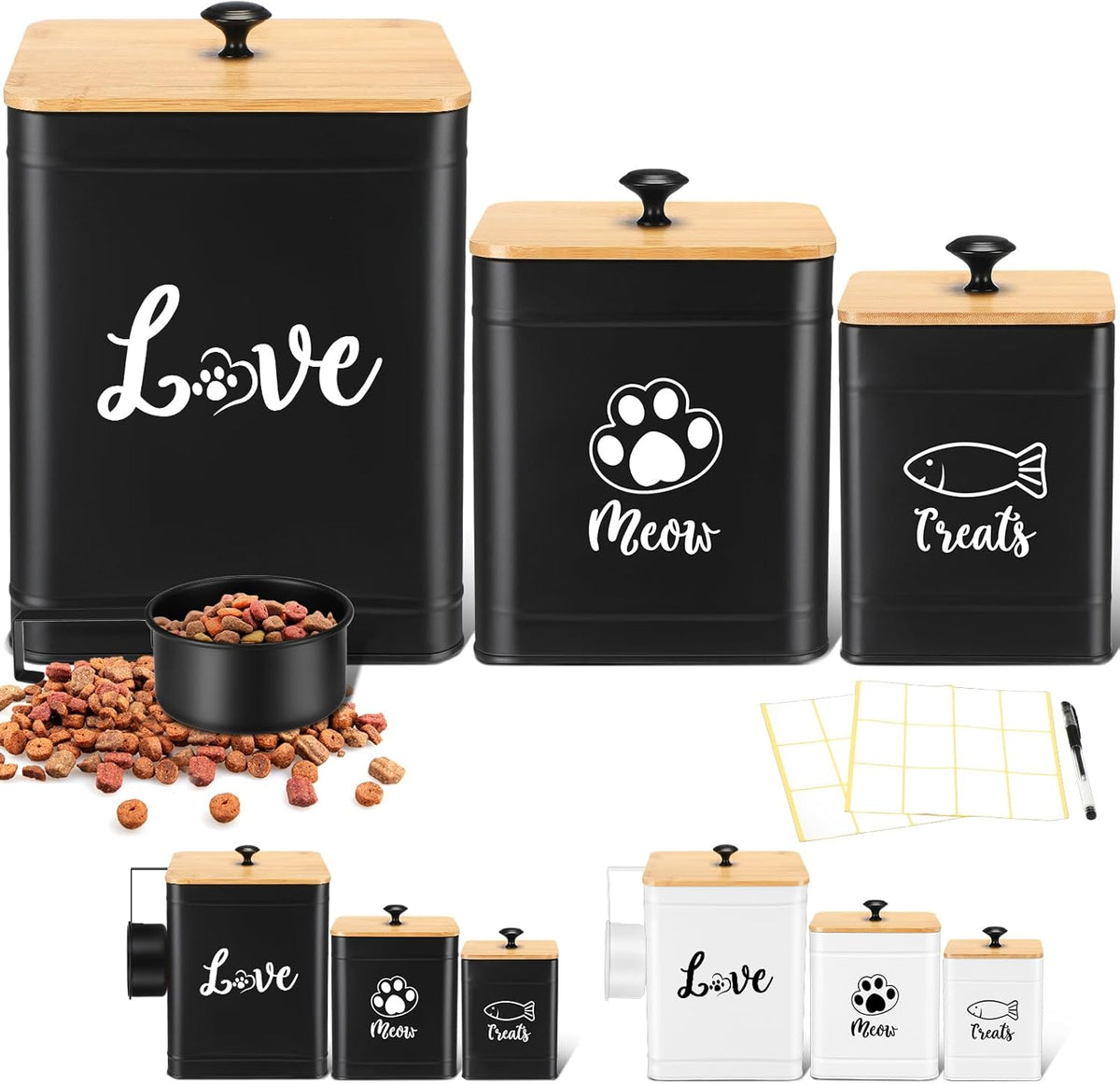 Metal Airtight Cat Food Containers Set of 3 with Bamboo Lids and Spoon 7+3+2 Lbs Cat Treat Storage