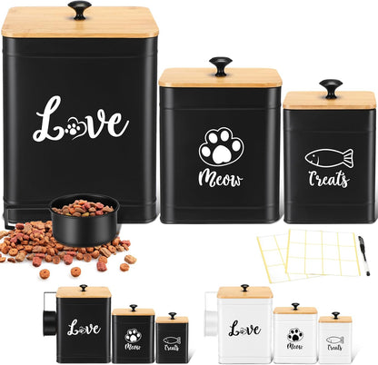 Metal Airtight Cat Food Containers Set of 3 with Bamboo Lids and Spoon 7+3+2 Lbs Cat Treat Storage