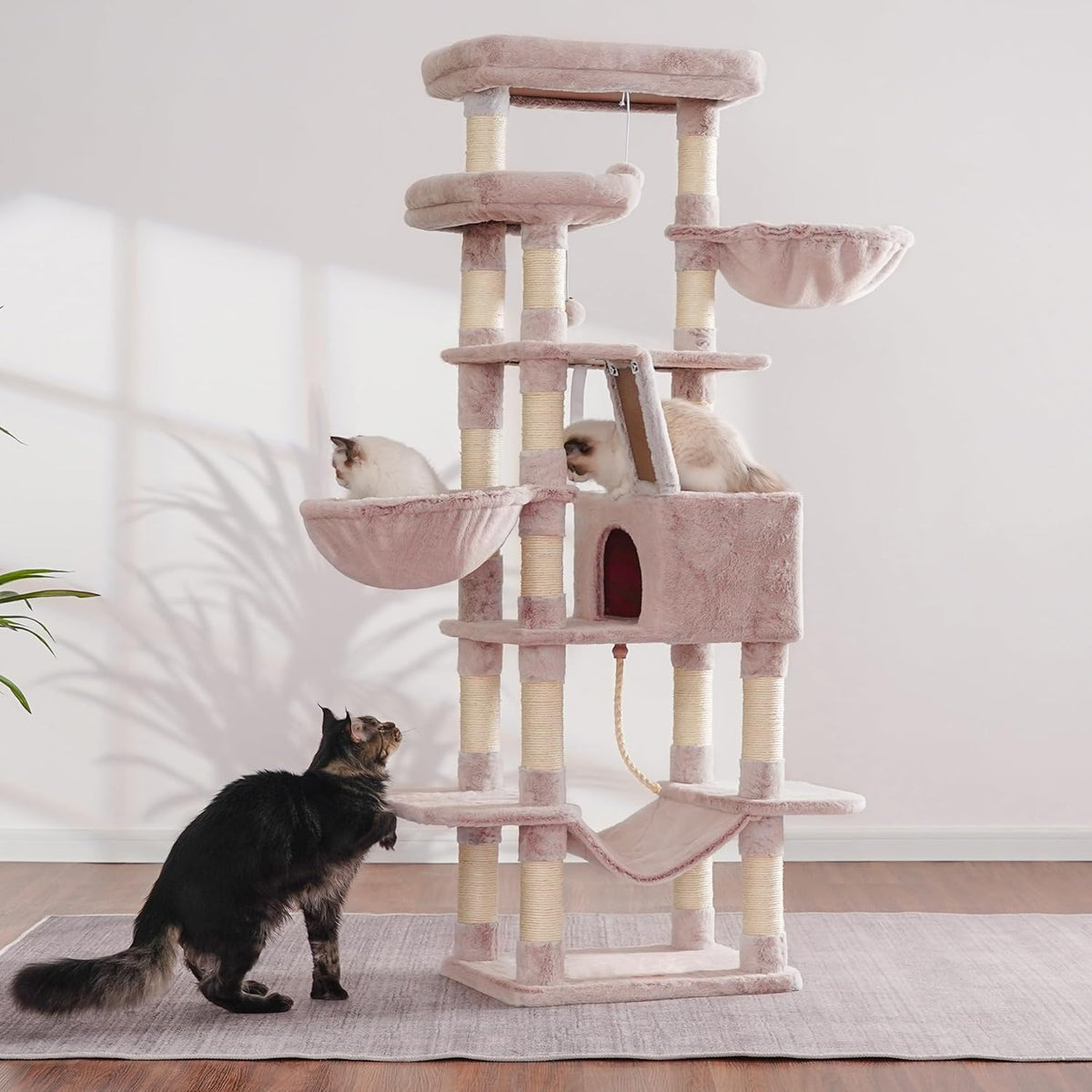 Heybly Cat Tree, 68 inch Multi-Level Cat Tower for Indoor Cats, 2 Widened Plush Perches Cat Condo