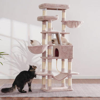 Heybly Cat Tree, 68 inch Multi-Level Cat Tower for Indoor Cats, 2 Widened Plush Perches Cat Condo