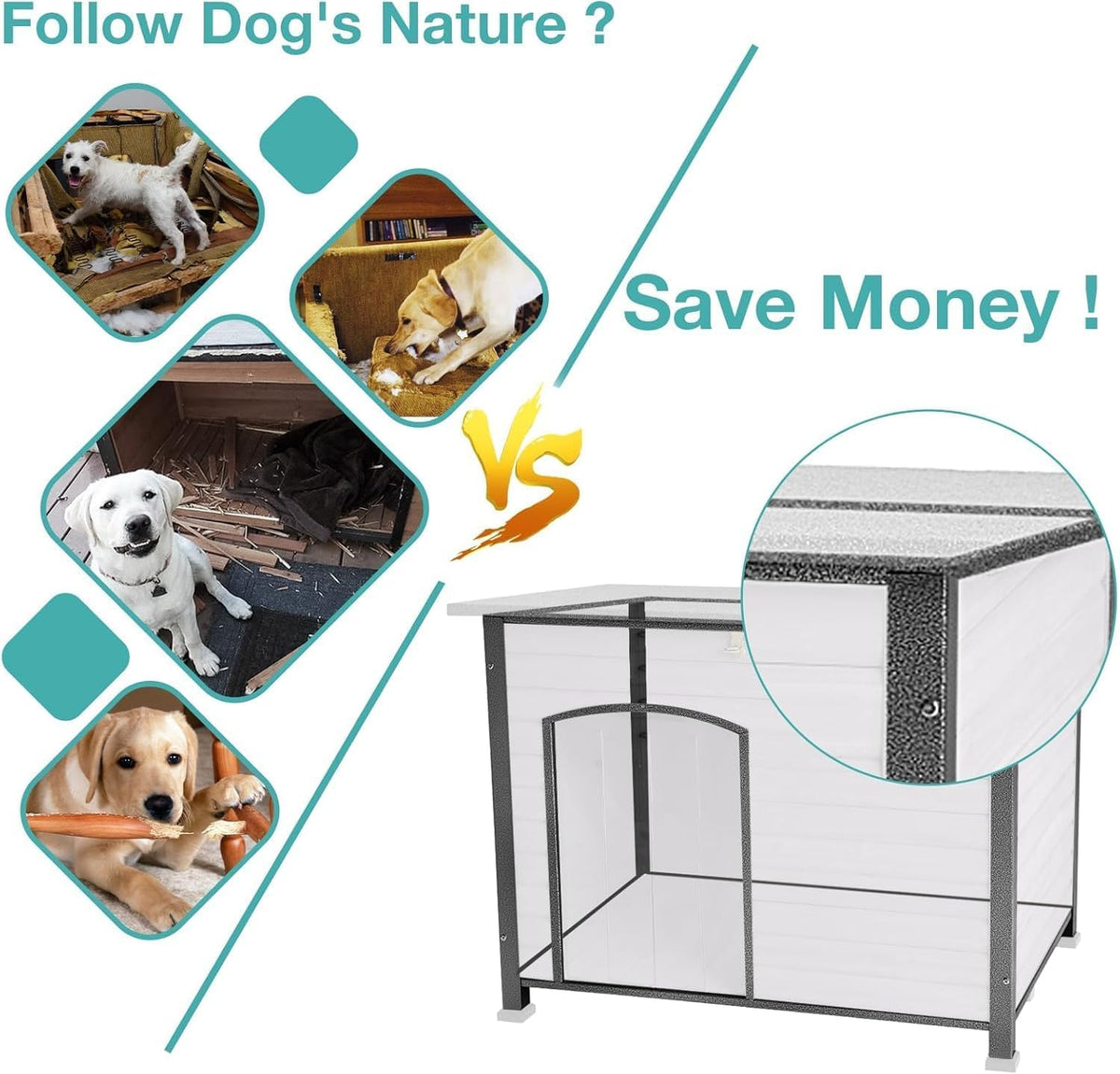 Feral Dog House Outdoor,Anti Bite Iron Frame Dog Kennel,Wood Warm Pets Home,Insulated Weatherproof