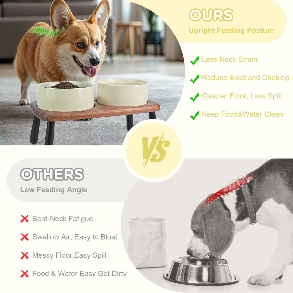 SPUNKYJUNKY Ceramic Elevated Dog Bowls Raised with Acacia Bamboo Wooden Stand, 6.1'' Dog and Cat